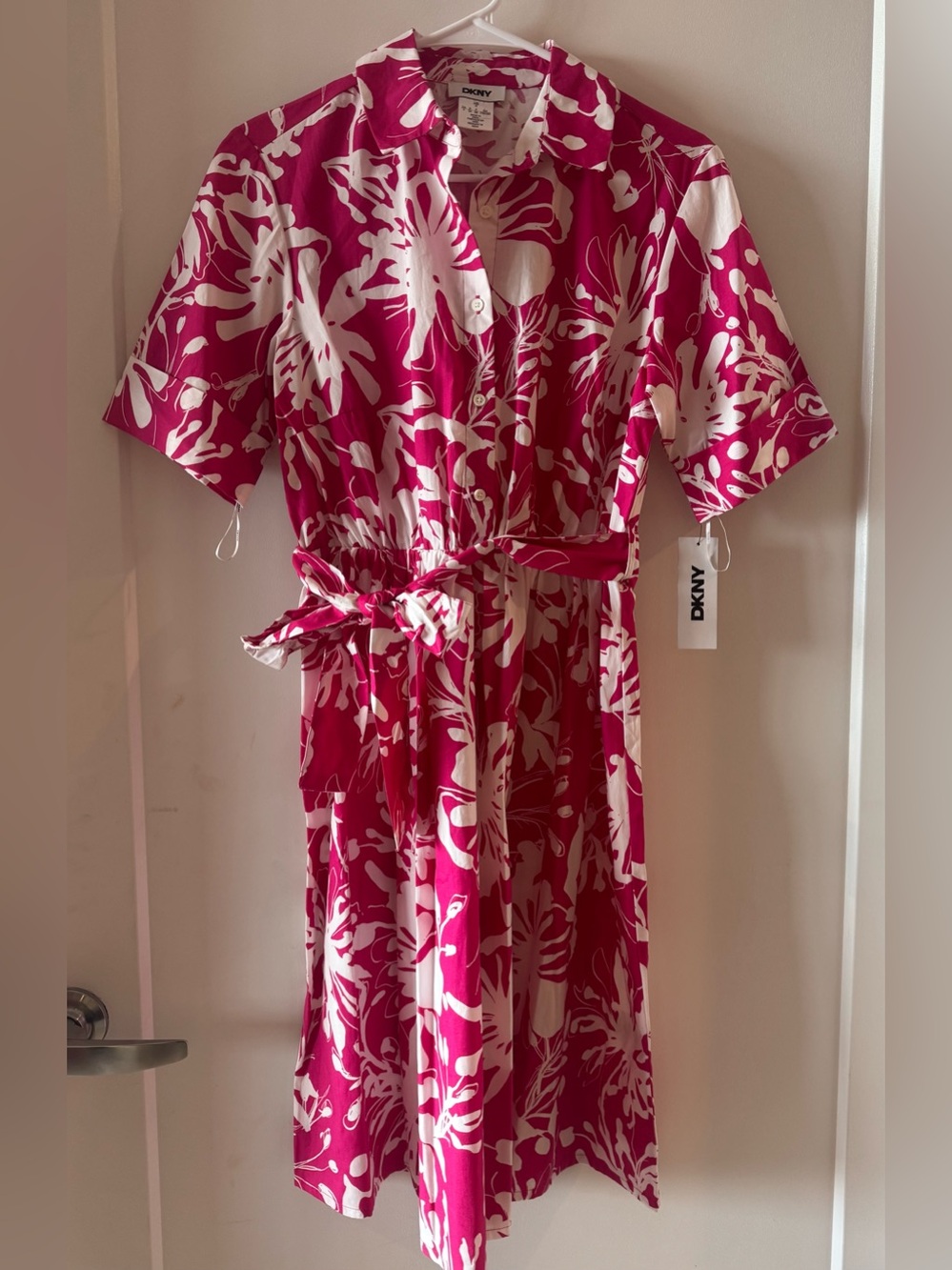 DKNY Fuchsia and White Floral Midi Shirt Dress